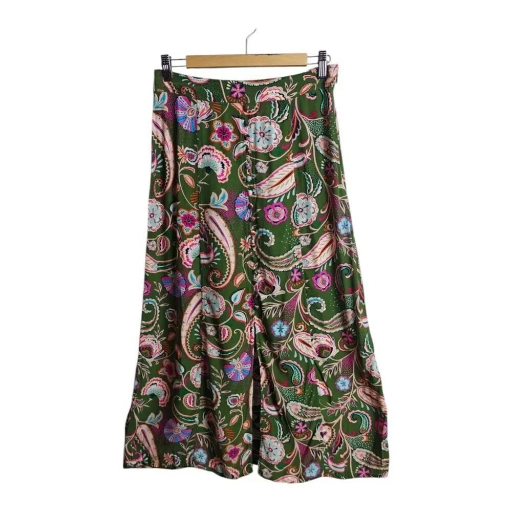 LOFT Green Paisley Maxi Skirt with Front Slit